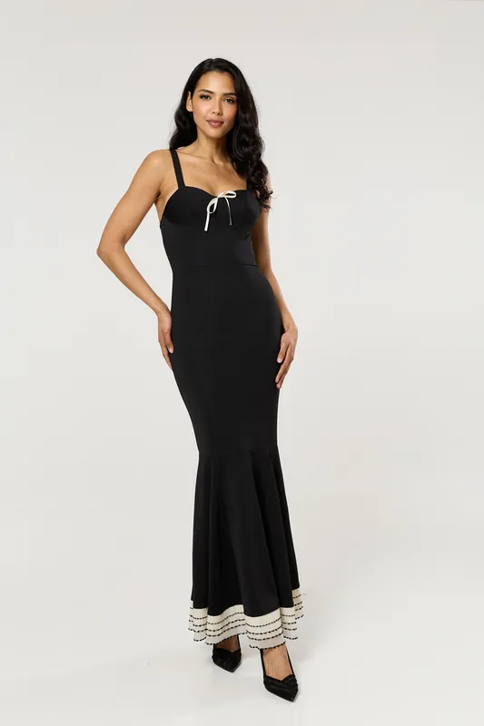 Black Contrast Hem Mermaid Maxi Dress - Liquorish