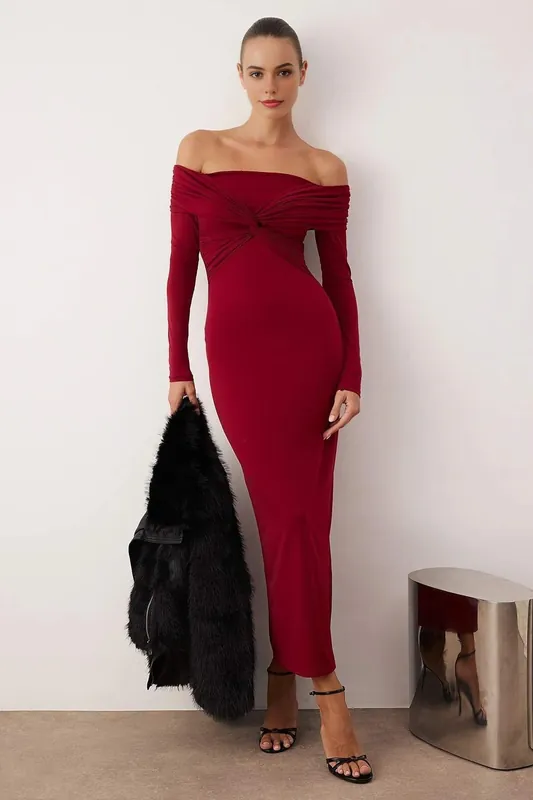 Off the Shoulder Long Sleeve Knitted Midi Evening Dress - WOVCOR