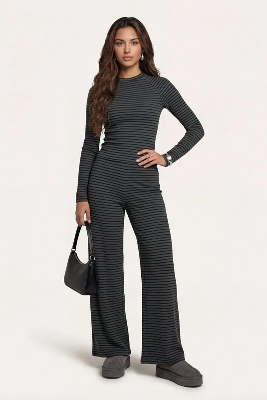 Jersey Long Sleeved Striped Top Grey - Urban Bliss