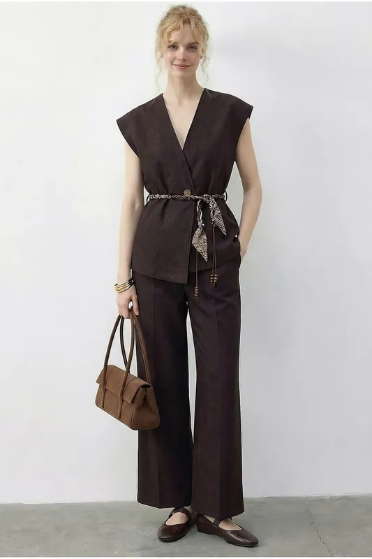 Belted V-Neck Vest and Wide-Leg Trousers Set