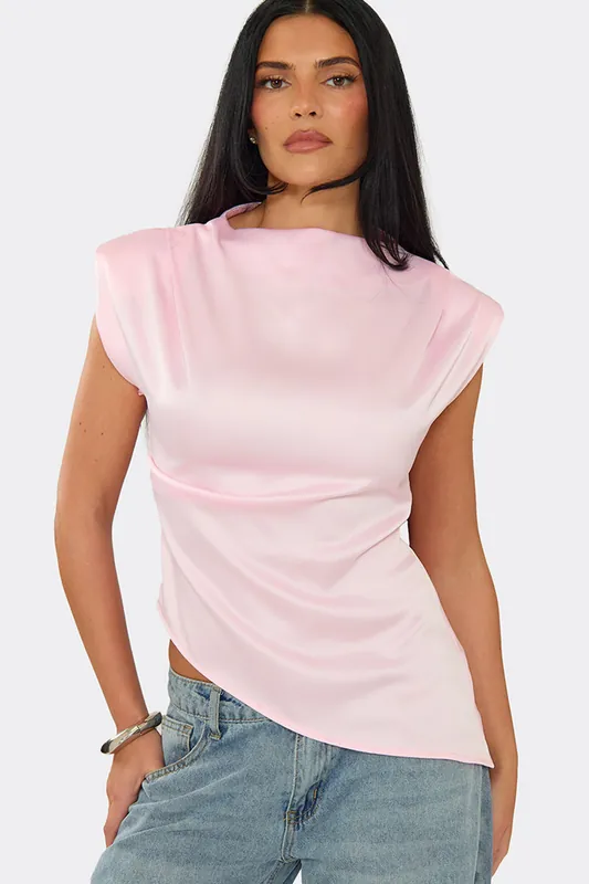 Asymmetric Short Sleeve Shoulder Pads Satin Top - EGO