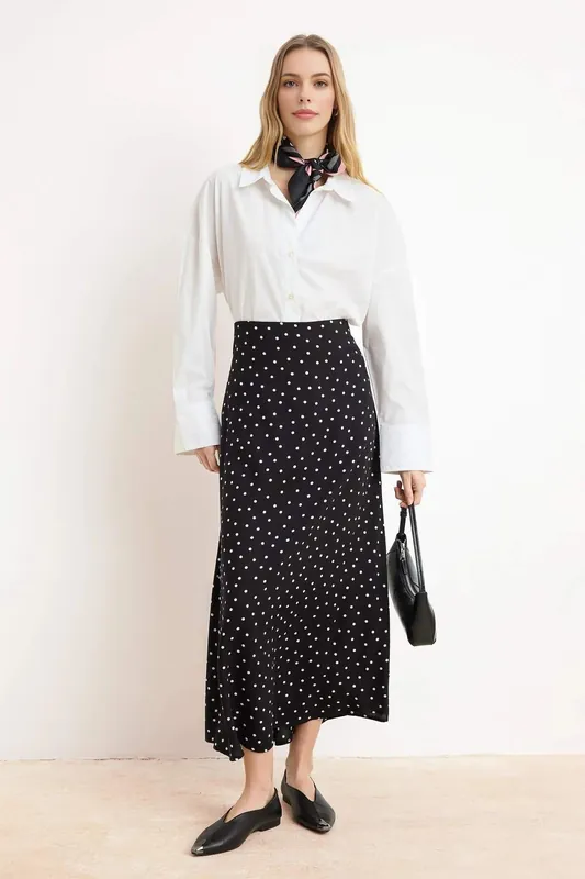 High Waist Floral Midi A Line Skirt with Seam Detail - WOVCOR