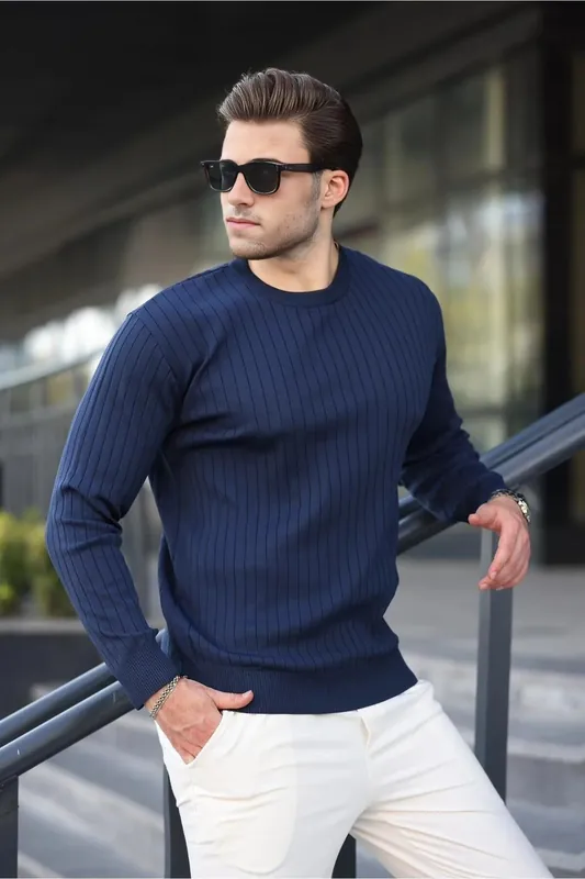 Men's Crew Neck Vertical Striped Long Sleeve Jumper - WOVCOR