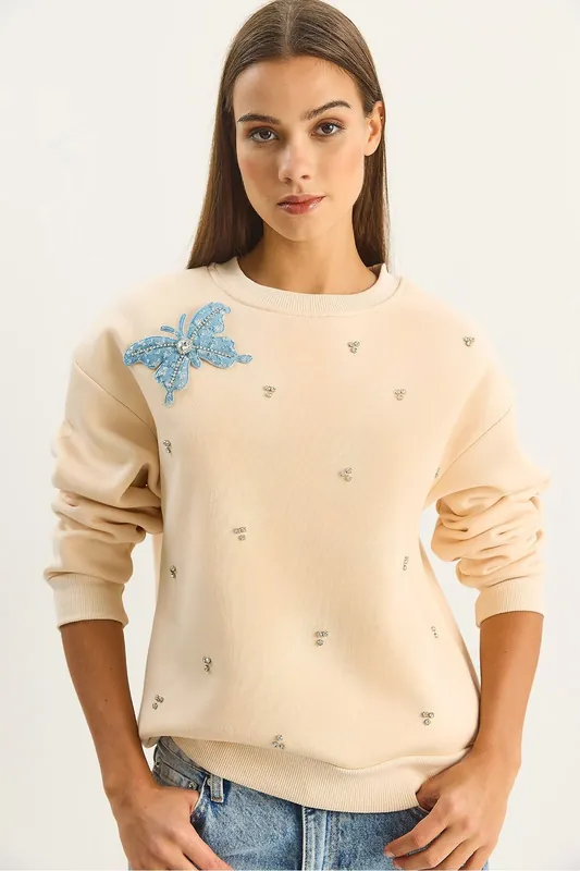 Embroidered Crew Neck Long Sleeve Sweatshirt - Bianco Lucci