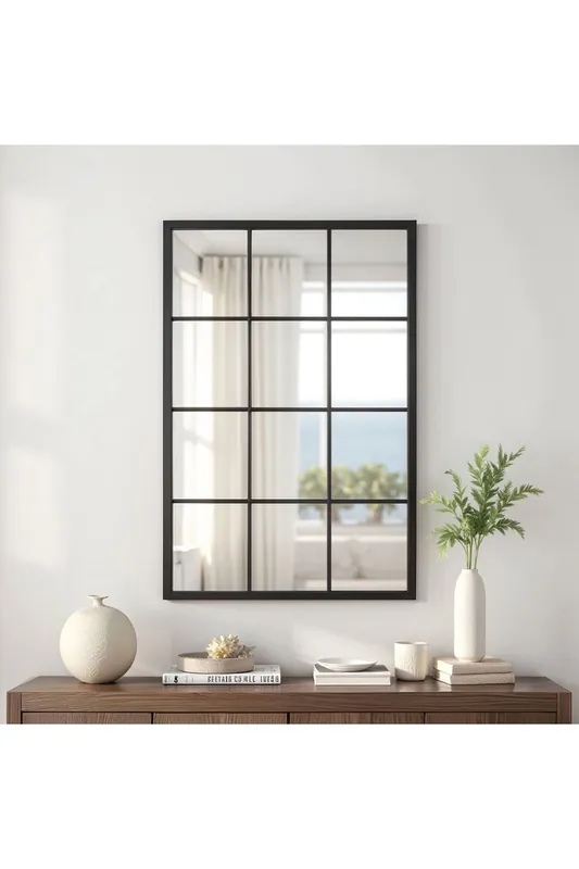 Classic Rectangular Black Metal Grid Window Mirror, 60cm W x 90cm H - Living and Home