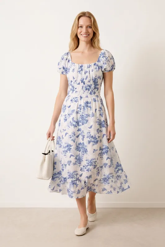 Off The Shoulder Puff Sleeve Shirred Print Dress - Blue Vanilla