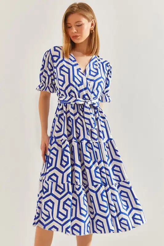 Geometric Pattern V-Neck Midi Dress with Belt