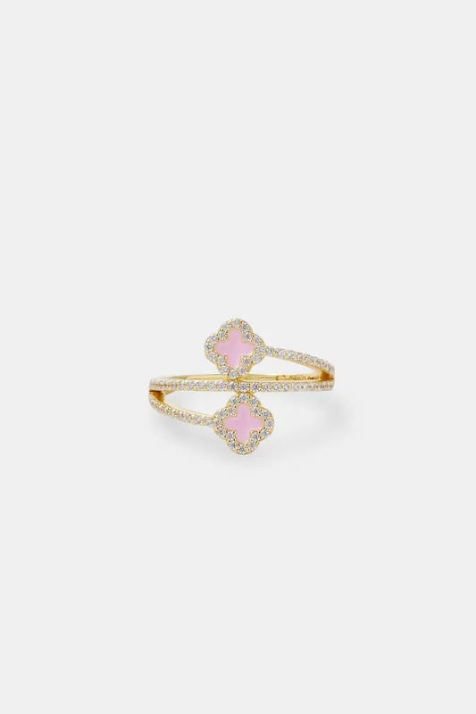 Gold Plated 925 15mm Pink Enamel Motif Twist Ring - Cernucci