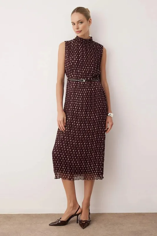Belted Printed Midi Woven Dress - WOVCOR
