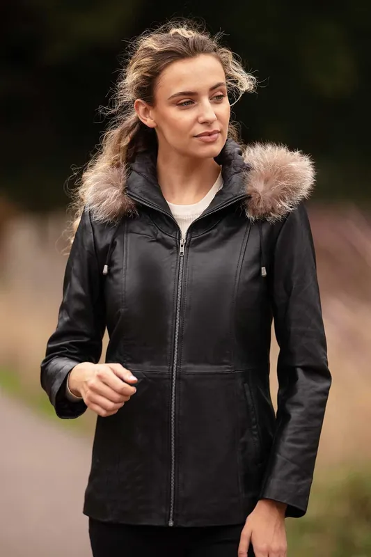 Real Leather Hooded Jacket with Fur - Ashwood Leather