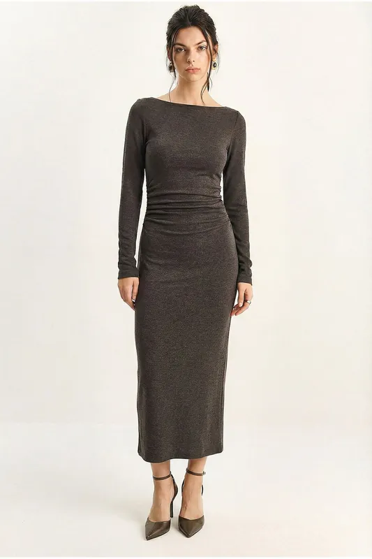 Boat Neck Bodycon Midi Dress with Drape Detail - Bianco Lucci