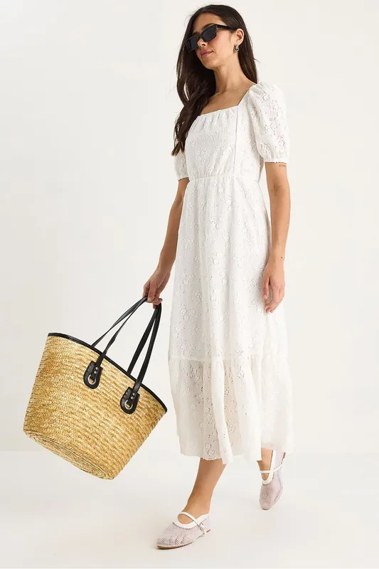 Lace Guipure Midi Dress with Square Collar - Bianco Lucci