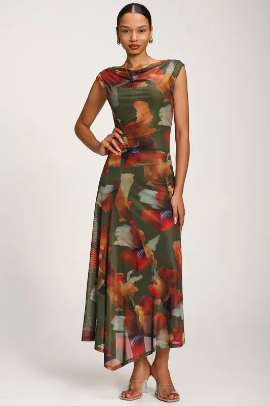 Asymmetric Draped Mesh Maxi Dress - Jolie Moi