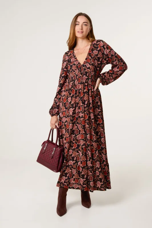 Black V Neck Shirred Long Sleeve Dress - Blue Vanilla