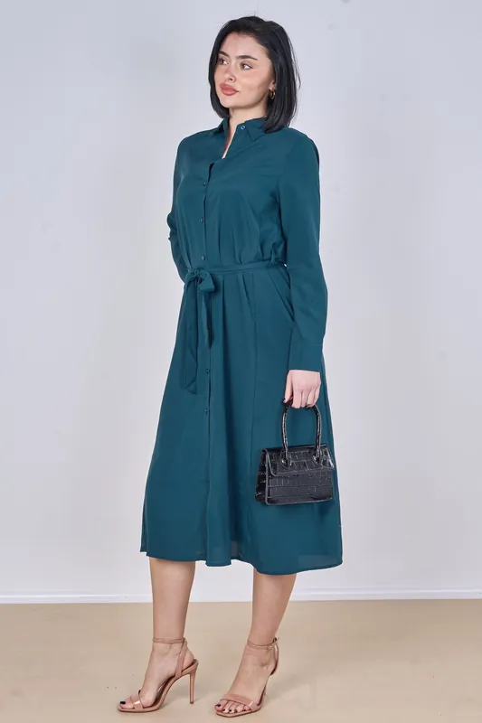 Teal Plain Belted Midi Shirt Dress - Love Sunshine