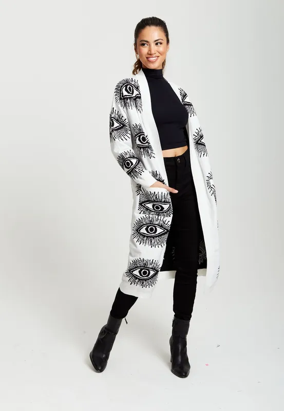 Eye Pattern Longline Cardigan In White - Liquorish