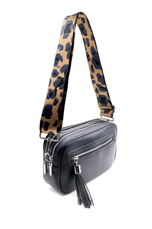 Double Zipper PU Leather Tassel Charm Wide Camo Strap Crossbody Bag - Kitise