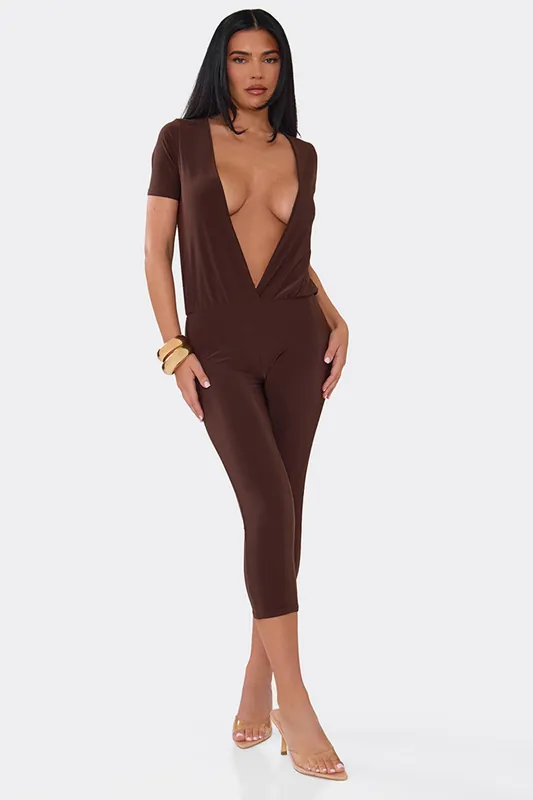 Blouson Style Short Sleeve Plunging Neckline Jumpsuit - EGO