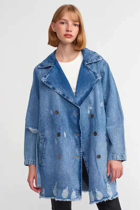 Long Cotton Denim Trench Coat - Dilvin