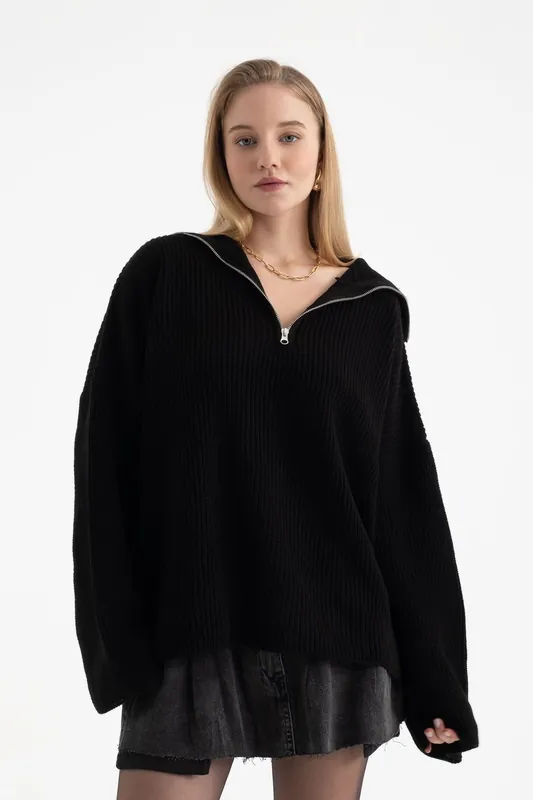 V Neck Zippered Neck Sweater - Hiccup