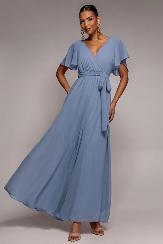 Chiffon Flutter Sleeve Wrap Maxi Dress - Goddiva