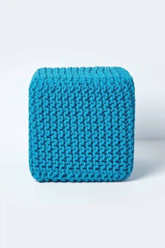 Cube Cotton Knitted Pouffe Footstool - Homescapes