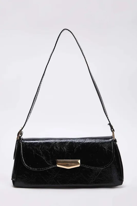 Women's Crinkle Patent Baguette Shoulder Bag with Metal Clasp - WOVCOR