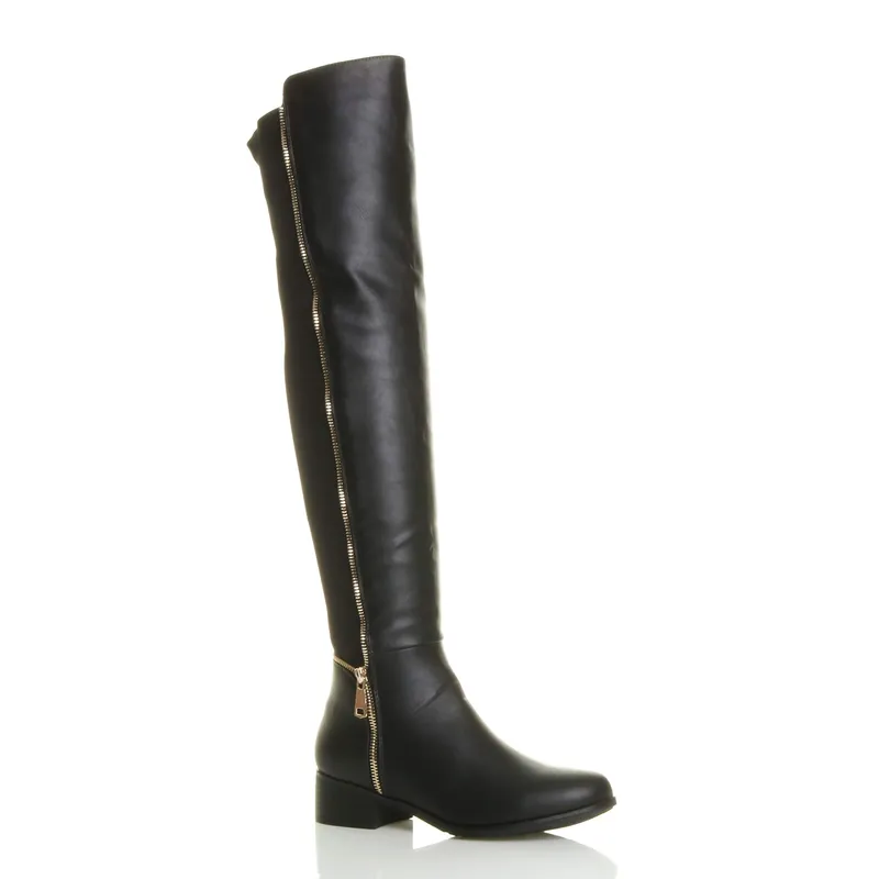 Elastic Gold Zip Over The Knee Boots - AJVANI