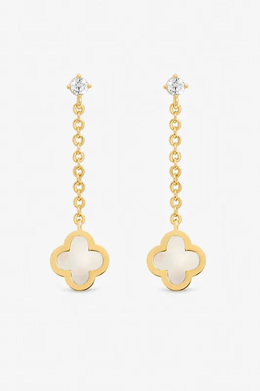 Gold Plated and Mother of Pearl Clover Chain Drop Earrings - Jon Richard