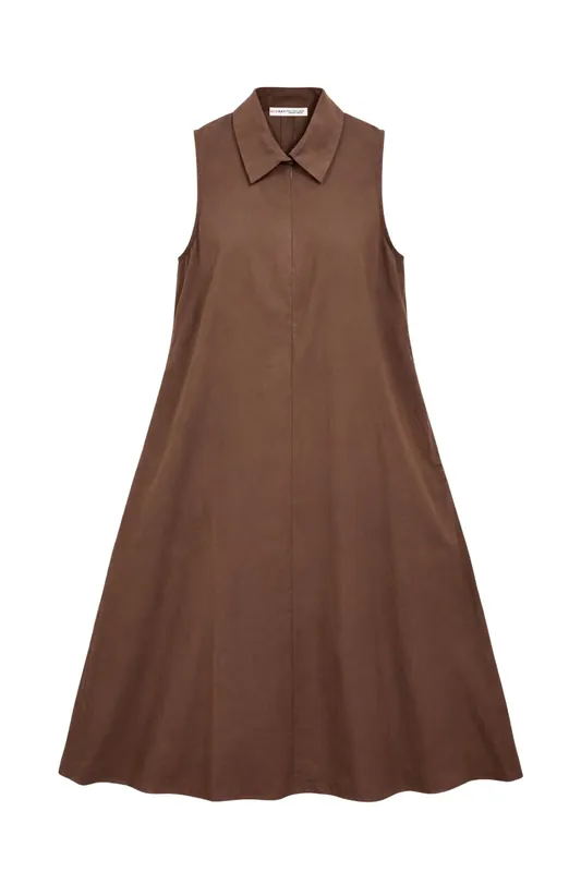 Zip-Front Shirt Collar Midi Dress