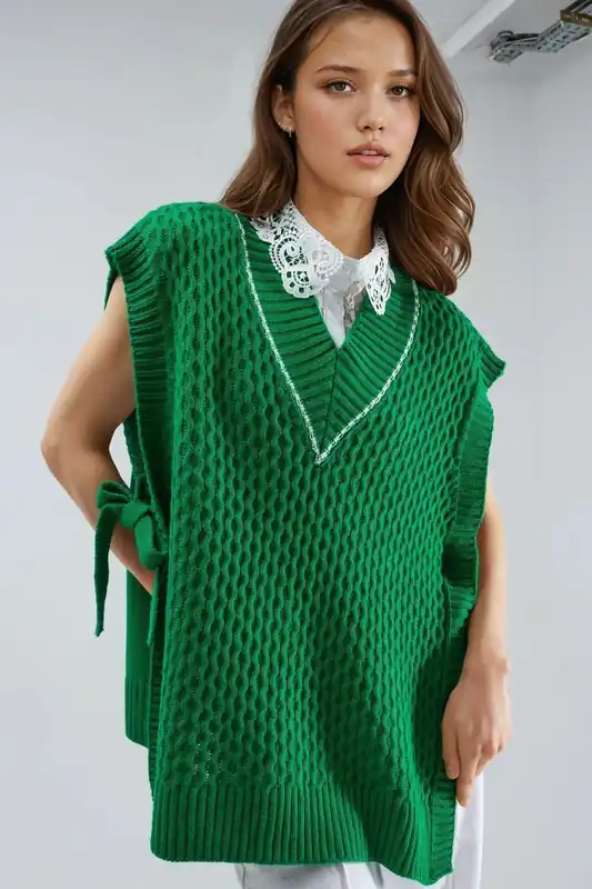 Patterned Sweater Vest with Tie Detail - MyFashion