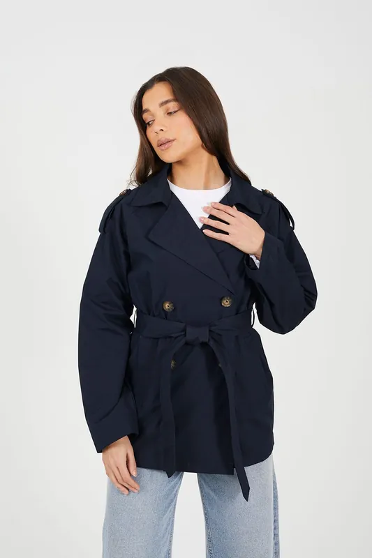 Double Breasted Short Mac with Self Tie Belt - Brave Soul