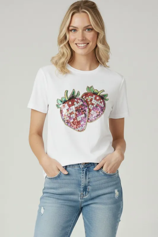 Strawberry Graphic Print - Crew Neck - Short Sleeve T-Shirt
