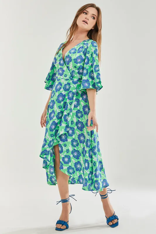 Blue Floral Midi Wrap Dress with Kimono Sleeves in Green - Liquorish