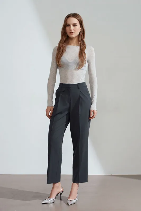 High-Waist Pleated Straight-Leg Trousers