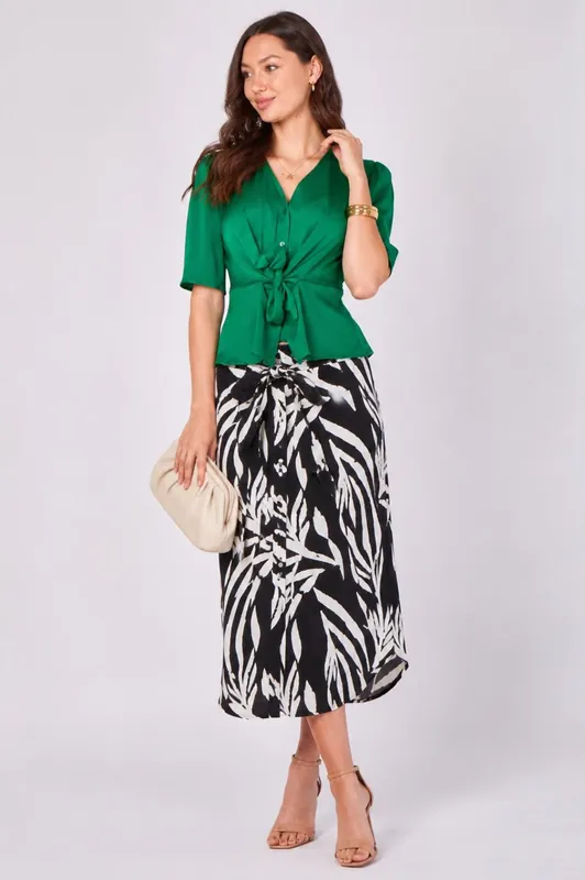Green Satin Tie Front Short Sleeve Top - Love Sunshine
