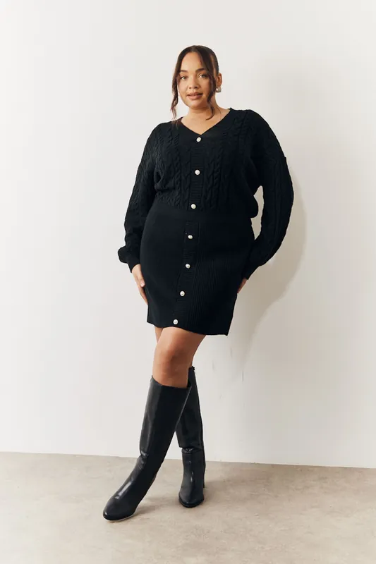 Black Cable Knit v Neck Diamante Button Mini Dress - In The Style