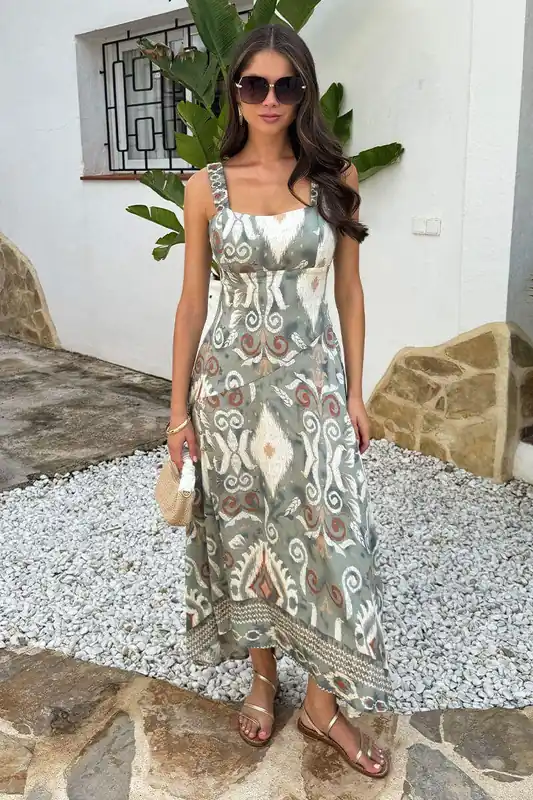 Multi Boho Print Shirred Straps Button Detail Midi Dress - AX Paris
