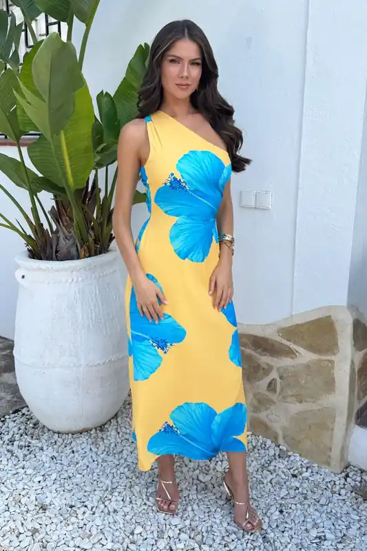 Yellow And Blue Floral Print One Shoulder Twist Back Midi Dress - AX Paris