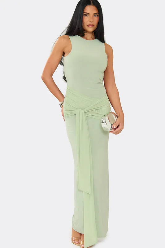Sleeveless Tie Drape Slinky Maxi Dress - EGO