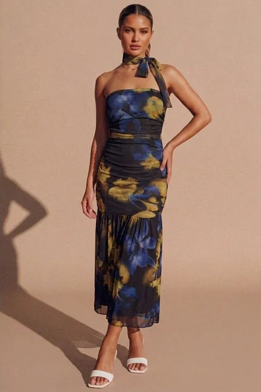 Black Floral Print Bandeau Ruched With Neck Scarf Maxi Dress- Fillna