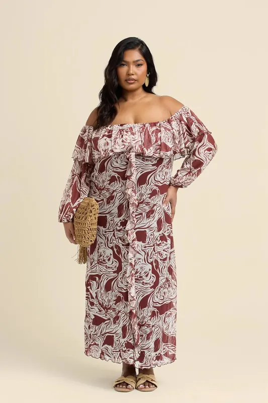 Curve Ruffle Bardot Abstract Floral Midaxi Dress - FASHION-SZN