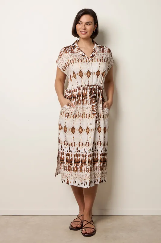 Light Brown Drawstring Printed Midi Shirt Dress - Blue Vanilla