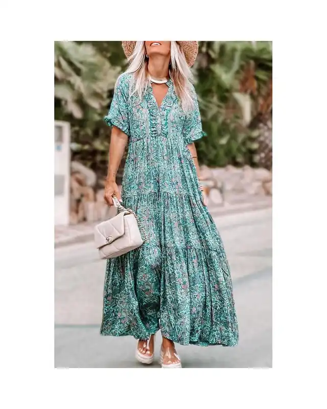 Floral Paisley Print Ruffle Tiered Maxi Dress - Sky Blue
