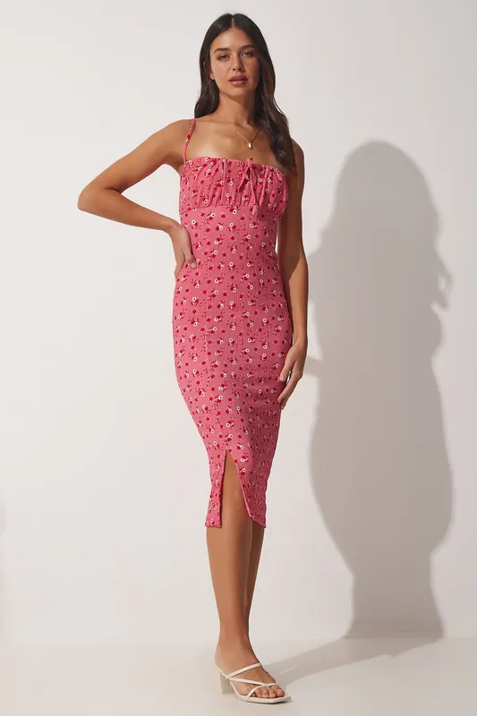 Floral Bodycon Midi Dress with Slit - Happiness Istanbul