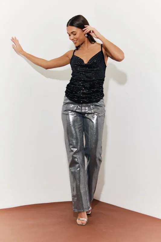 Silver Wide Leg Silver Foil High Waisted Jeans - In The Style