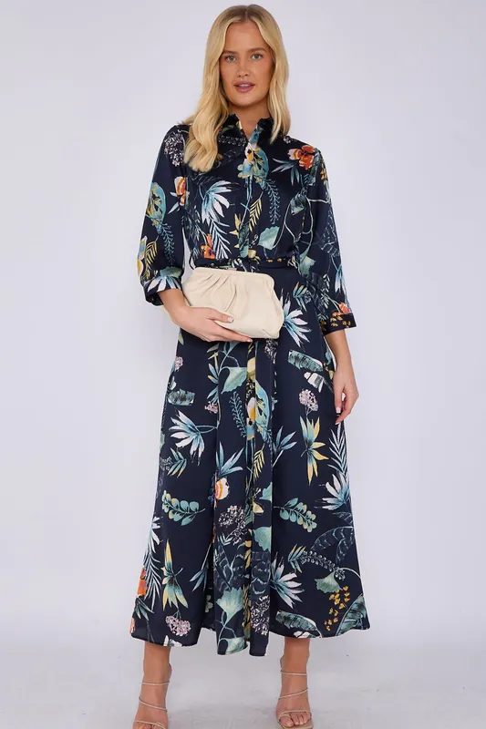 Botanical Print Satin Maxi Shirt Dress - Love Sunshine