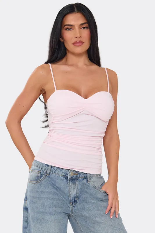 Strappy Sweetheart Neckline Ruched Slinky Top - EGO