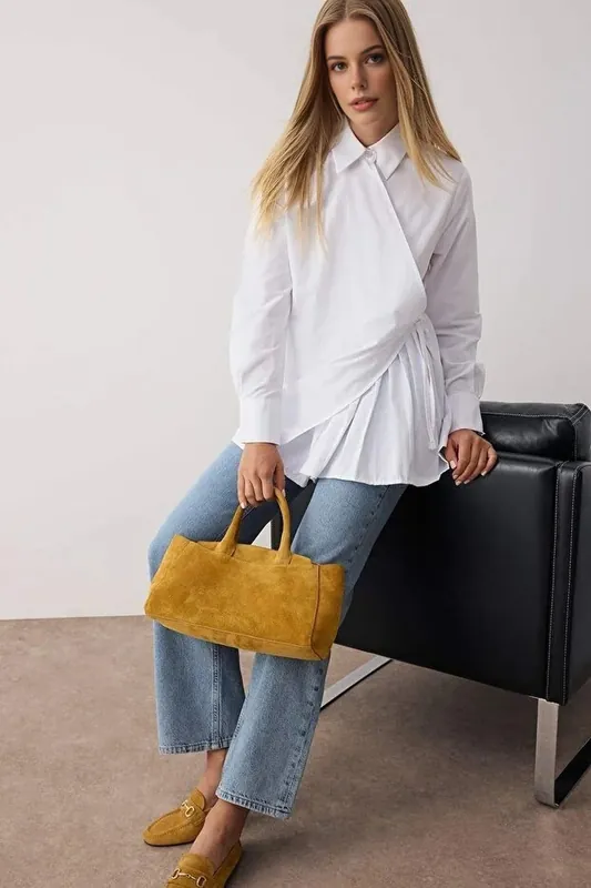 Pleated Wrap-Style Long Sleeve Woven Shirt