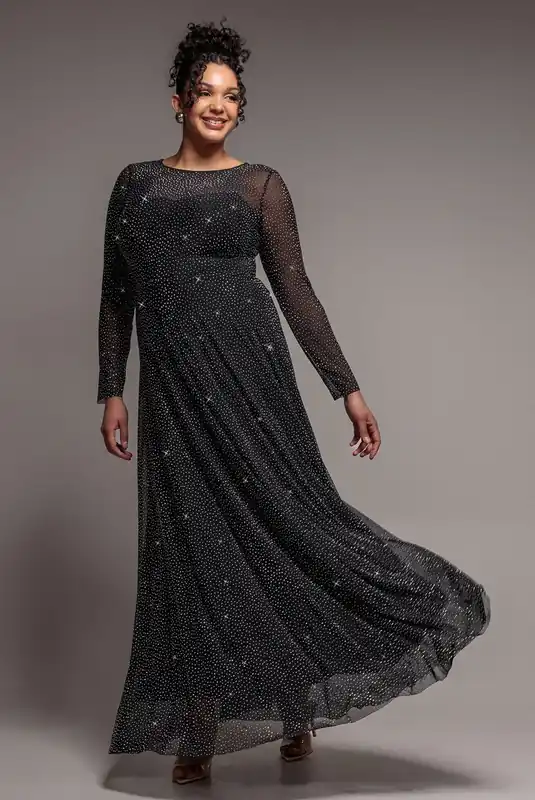 Hotfix Diamante Mesh A Line Long Sleeve Maxi Dress - Goddiva